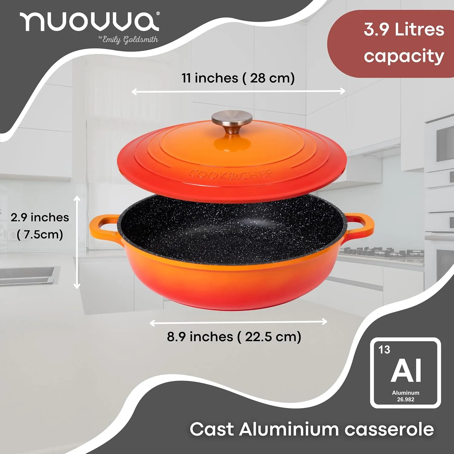 Dutch Oven Pot with Lid – Non Stick Dutch Oven for Sourdough Bread Baking – Cast Aluminum Cooking Pot – Oven Safe Stock Pot – 4-Quart, 11 Inch, Orange – by Nuovva