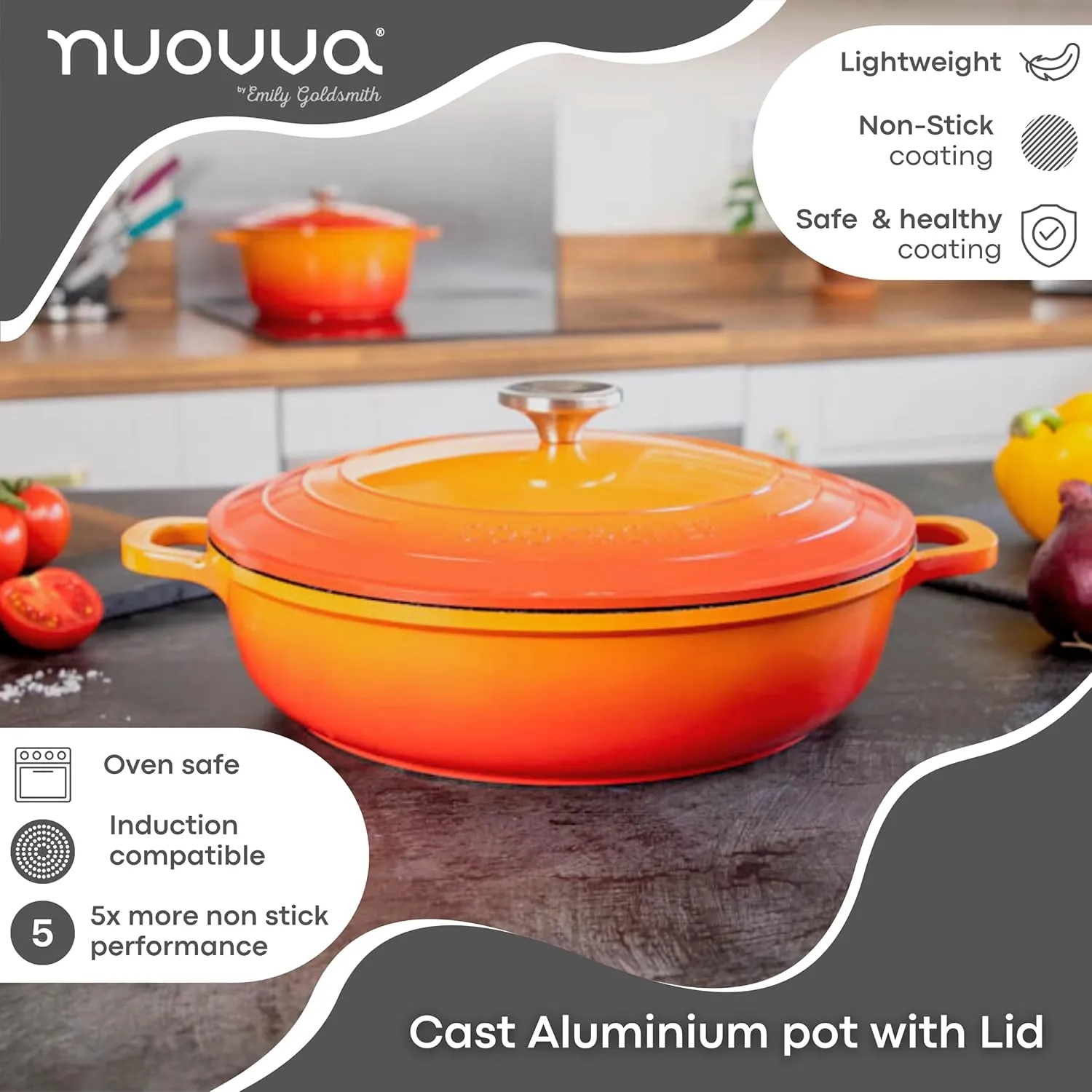 Dutch Oven Pot with Lid – Non Stick Dutch Oven for Sourdough Bread Baking – Cast Aluminum Cooking Pot – Oven Safe Stock Pot – 4-Quart, 11 Inch, Orange – by Nuovva