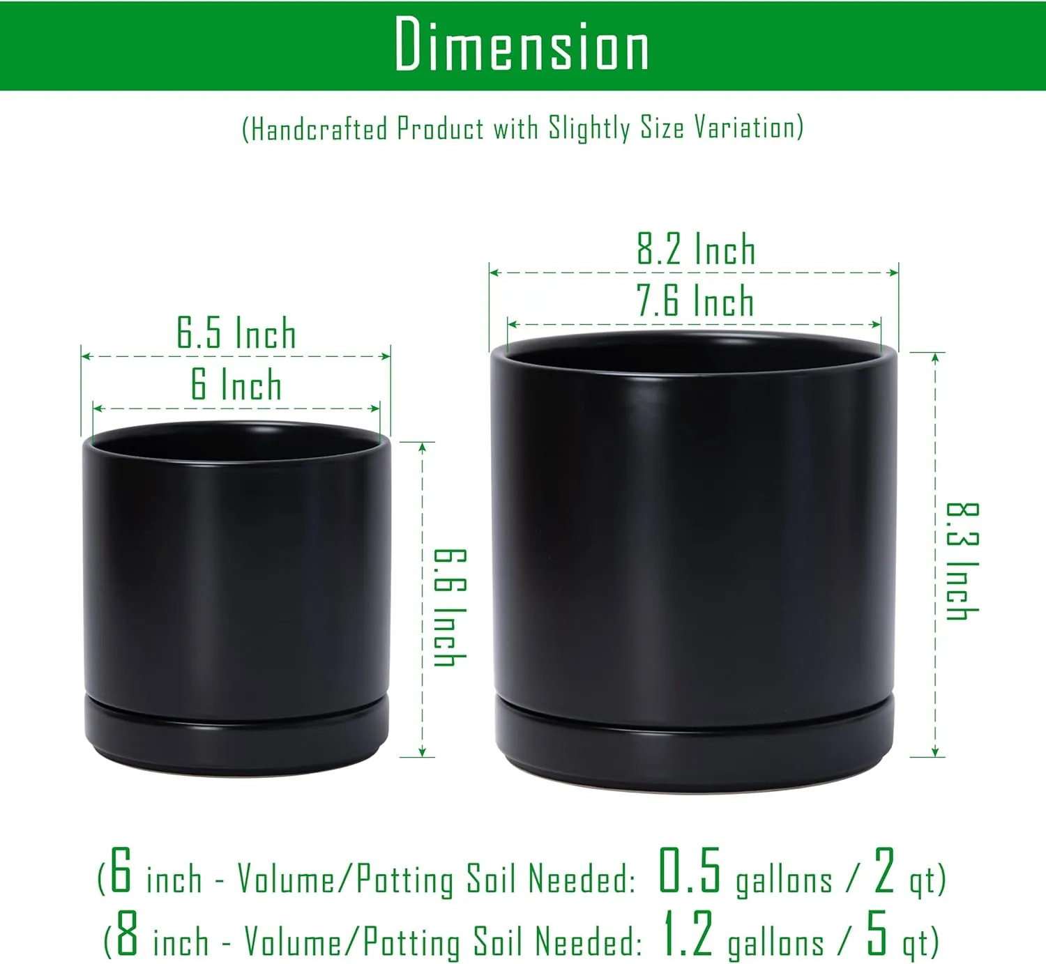 D'vine Dev 6 Inch & 8 Inch Ceramic Planter Pots for Plants with Drainage Hole and Saucer, Medium Plant Pots Set, Black, 94-G-M-2