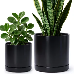 D'vine Dev 6 Inch & 8 Inch Ceramic Planter Pots for Plants with Drainage Hole and Saucer, Medium Plant Pots Set, Black, 94-G-M-2