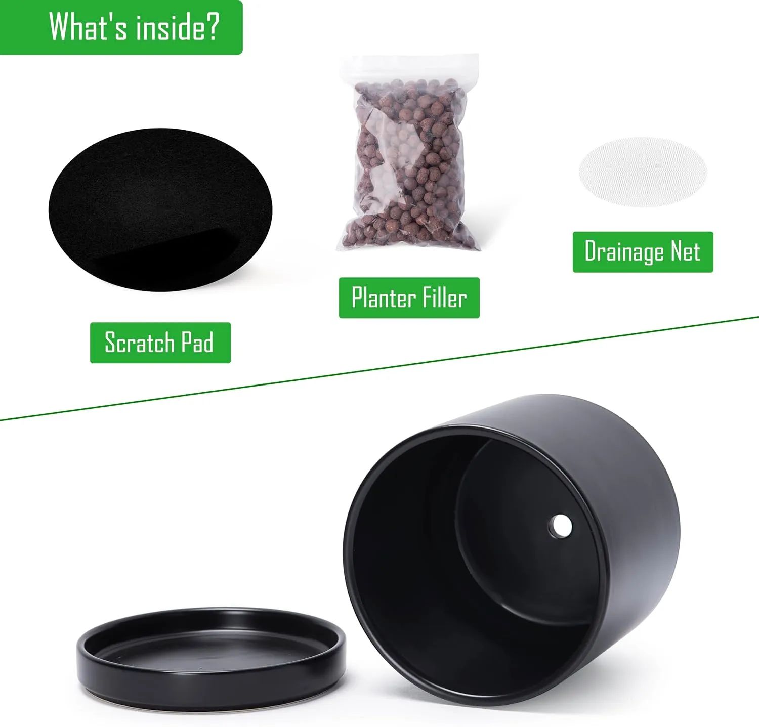 D'vine Dev 6 Inch & 8 Inch Ceramic Planter Pots for Plants with Drainage Hole and Saucer, Medium Plant Pots Set, Black, 94-G-M-2