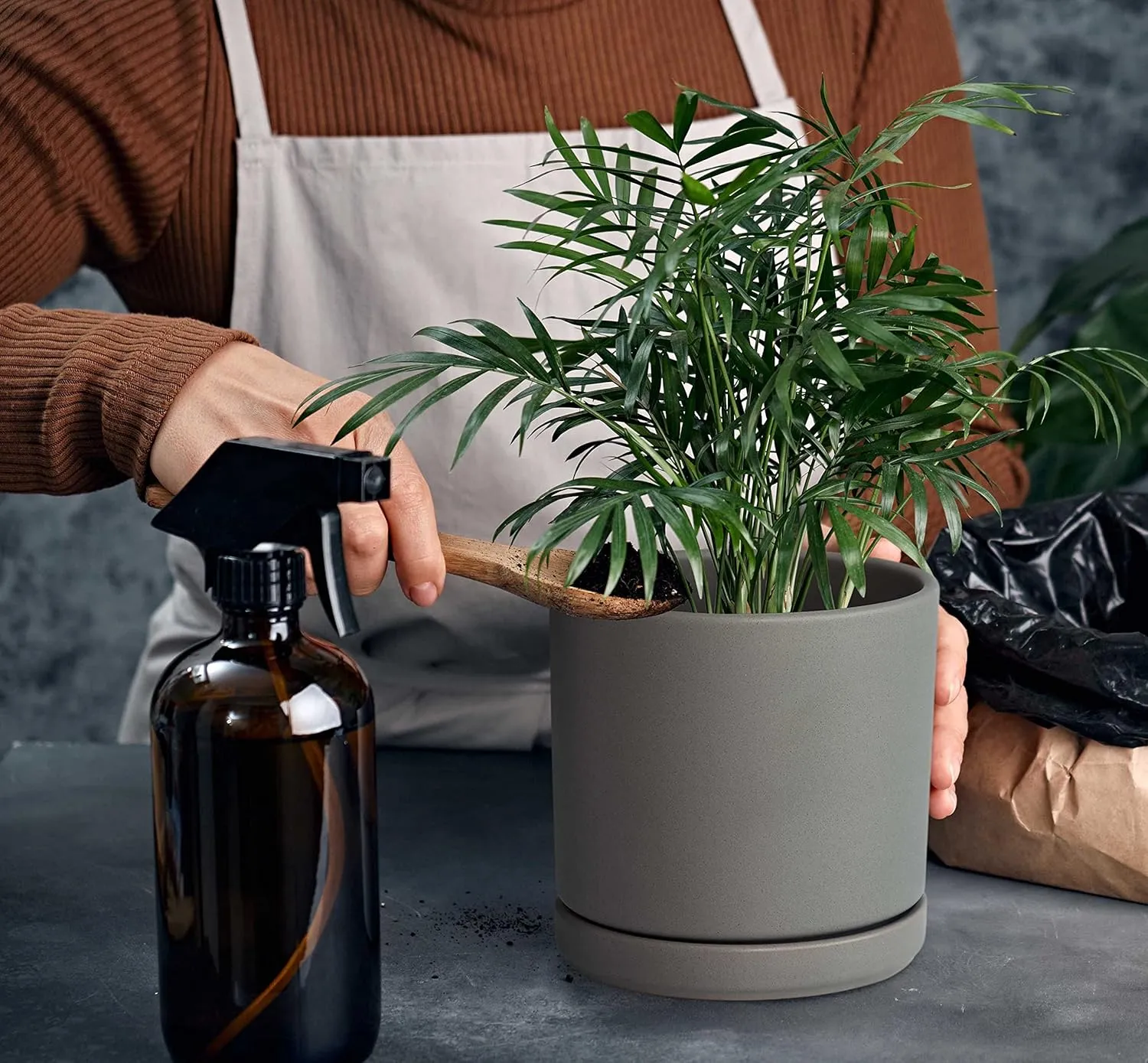 D'vine Dev 6 Inch & 8 Inch Ceramic Planter Pots for Plants with Drainage Hole and Saucer, Medium Plant Pots Set, Grey, 94-G-M-3