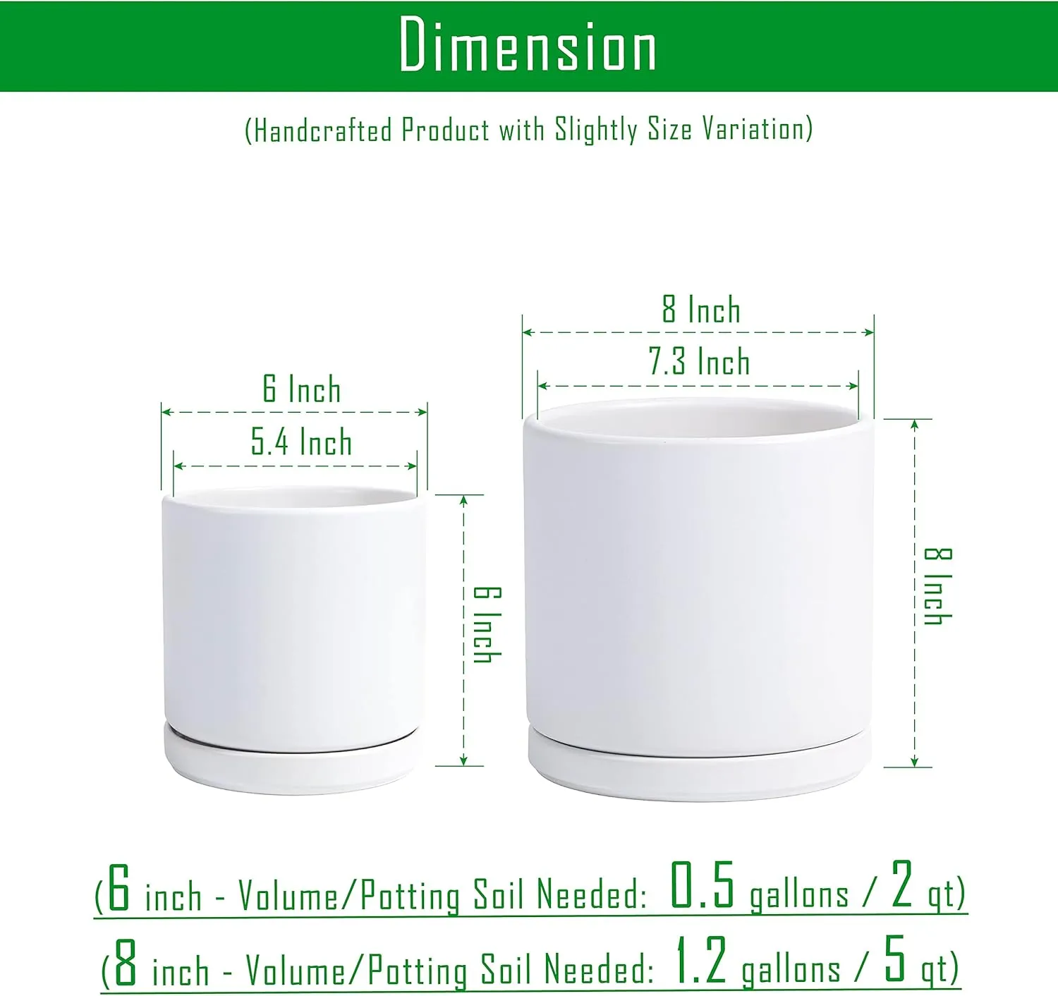 D'vine Dev 6 Inch & 8 Inch Ceramic Planter Pots for Plants with Drainage Hole and Saucer, Medium Plant Pots Set, White, 94-G-M-1