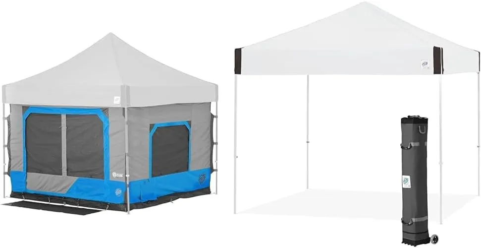 E-Z UP 10' x 10' Pyramid Shelter Bundle with Camping Cube 6.4 Tent Add-On, Roller Bag & Spike Set