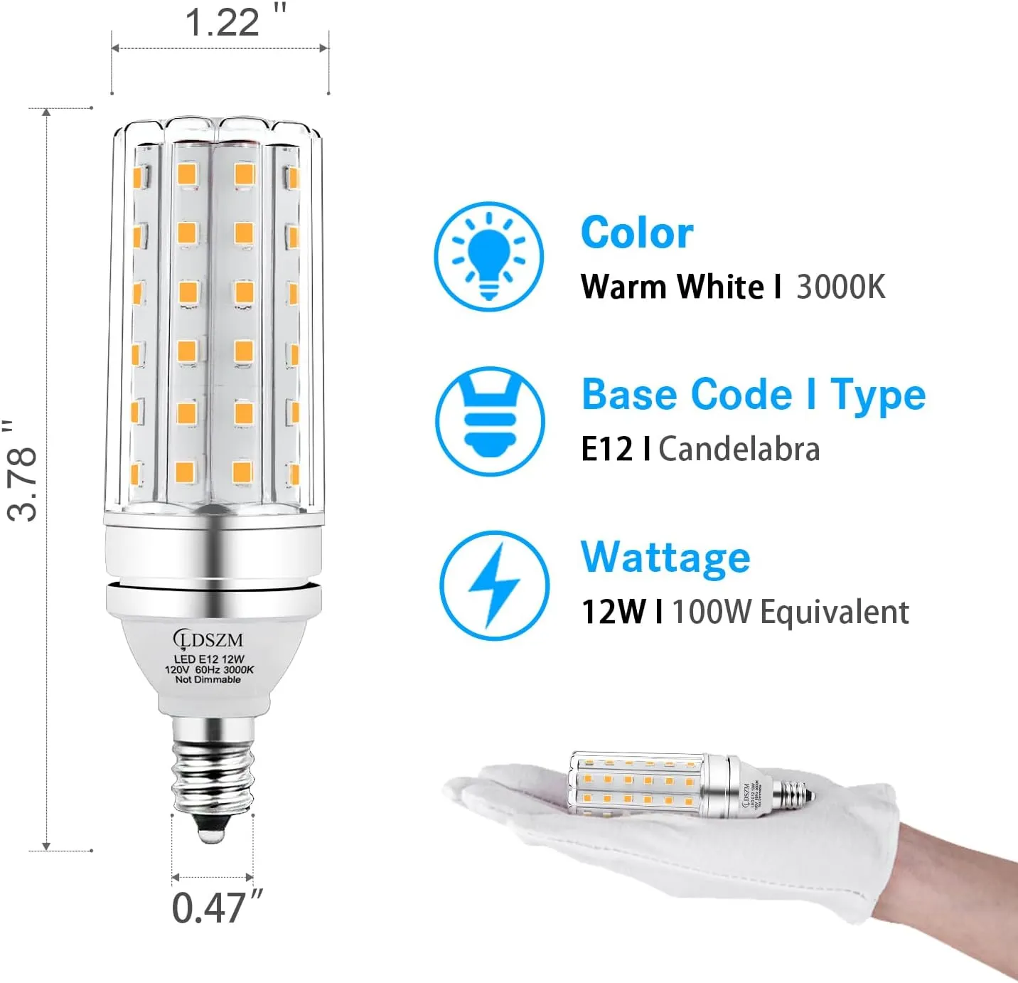 E12 LED Bulbs 12W Candelabra led Light Bulb,100 Watt Equivalent 1200lm Warm White 3000K E12 Base LED Chandelier Light Bulbs Non-Dimmable LED Corn Bulbs, Pack of 6