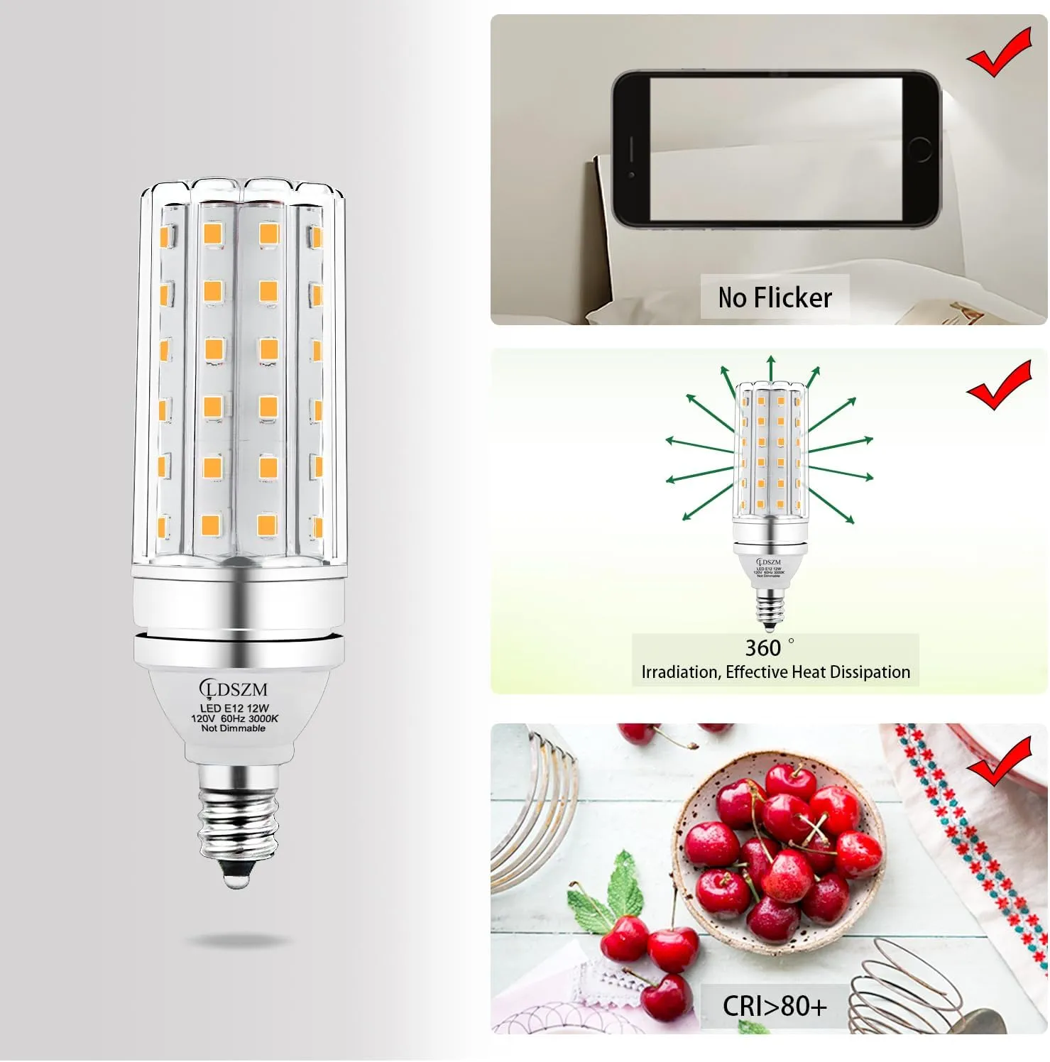 E12 LED Bulbs 12W Candelabra led Light Bulb,100 Watt Equivalent 1200lm Warm White 3000K E12 Base LED Chandelier Light Bulbs Non-Dimmable LED Corn Bulbs, Pack of 6