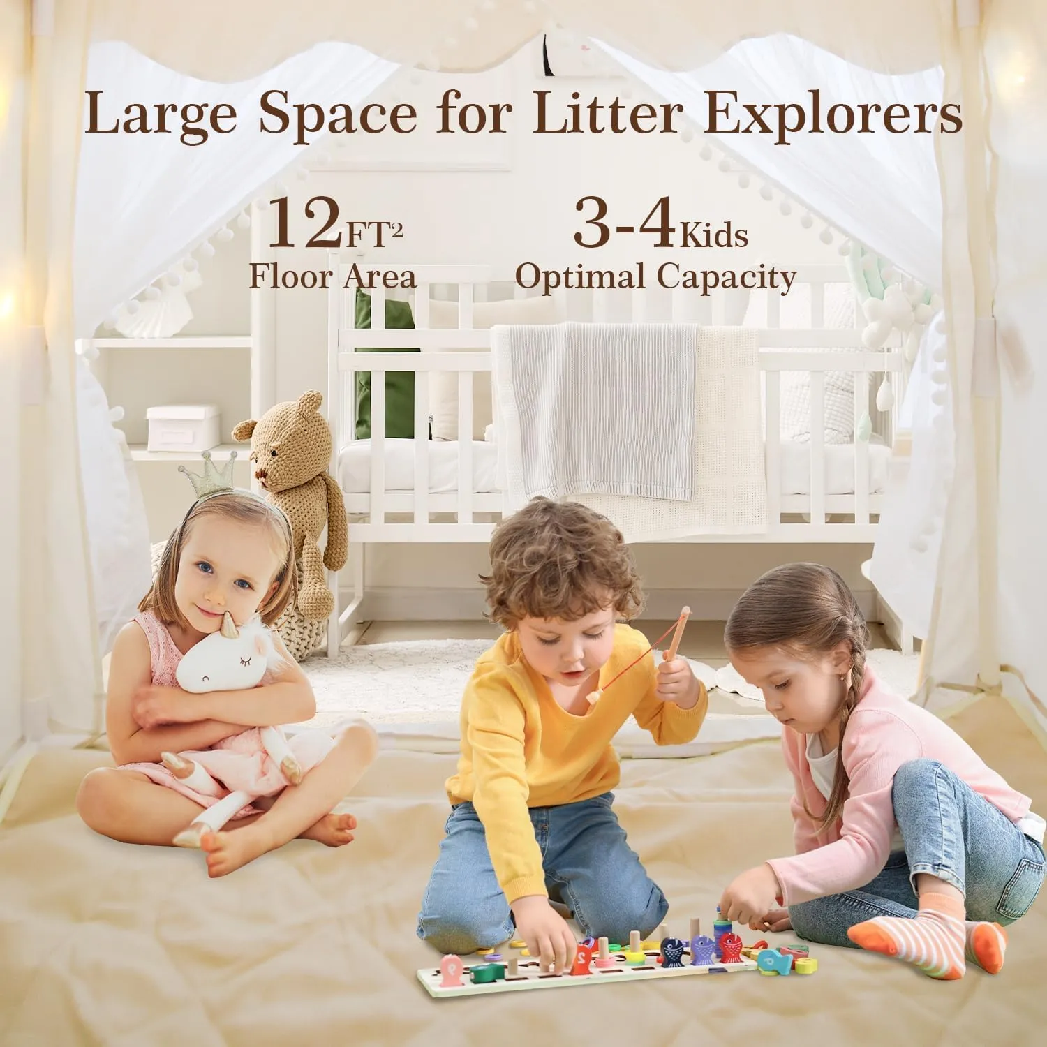 EagleStone Kids Play Tent with Star Light and Padded Mat, Playhouse for Kids, Neutral Color Play Room Furniture, Indoor Bed Tent Gift Toys for Toddle,Boys, Girls, Youth, Teens (White)