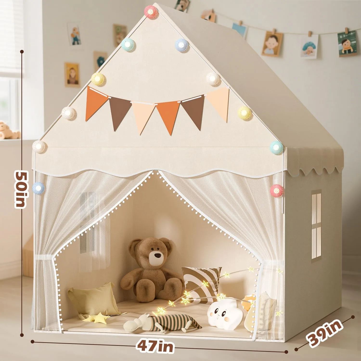 EagleStone Kids Play Tent with Star Light and Padded Mat, Playhouse for Kids, Neutral Color Play Room Furniture, Indoor Bed Tent Gift Toys for Toddle,Boys, Girls, Youth, Teens (White)