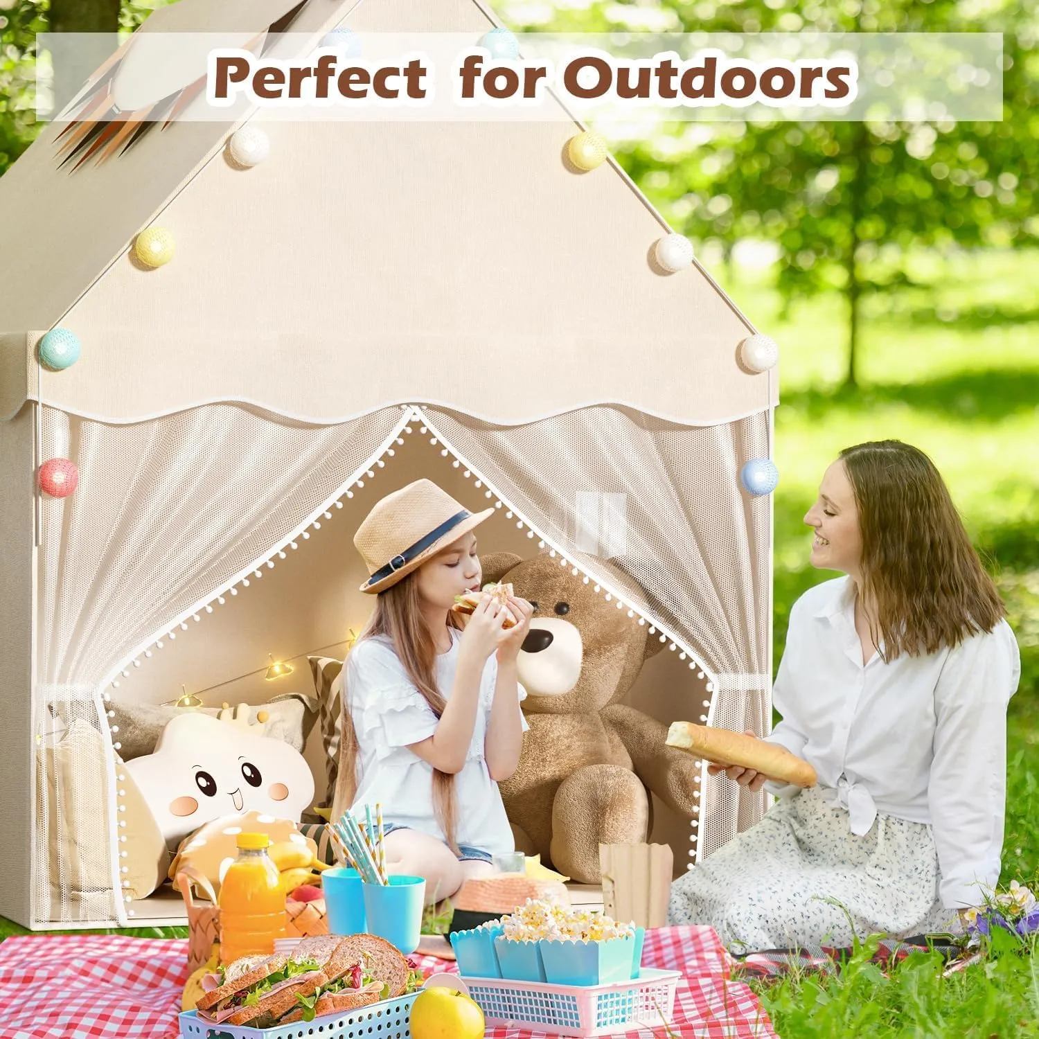 EagleStone Kids Play Tent with Star Light and Padded Mat, Playhouse for Kids, Neutral Color Play Room Furniture, Indoor Bed Tent Gift Toys for Toddle,Boys, Girls, Youth, Teens (White)