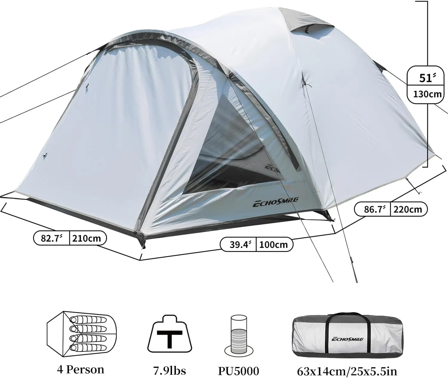 EchoSmile 4-Person Camping Tent with Clear Windows – Easy Setup Lightweight Shelter with Rainfly