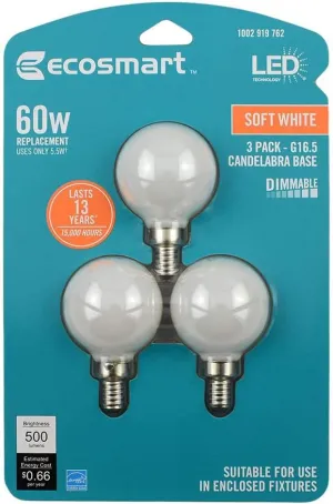 EcoSmart 60-Watt Equivalent G16.5 Globe Dimmable Energy Star Frosted Glass Filament Vintage LED Light Bulb Soft White (3-Pack)
