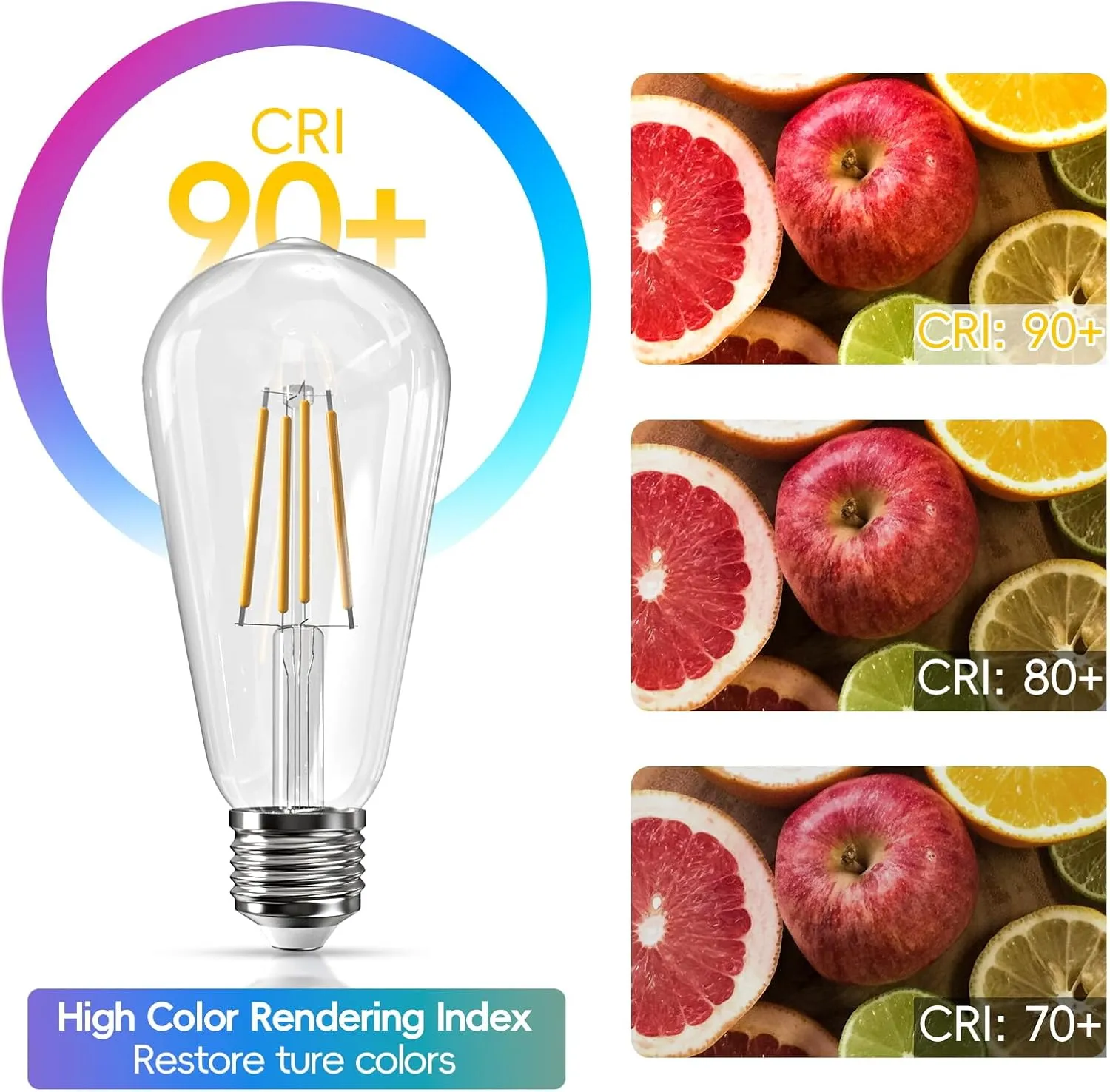 Edison LED Light Bulbs E26 LED Bulb 60 watt Equivalent Dimmable Light Bulbs 2700K Warm Soft White Vintage 7W LED Edison Bulbs 110V 120V 800 Lumen CRI90, 6 Pack