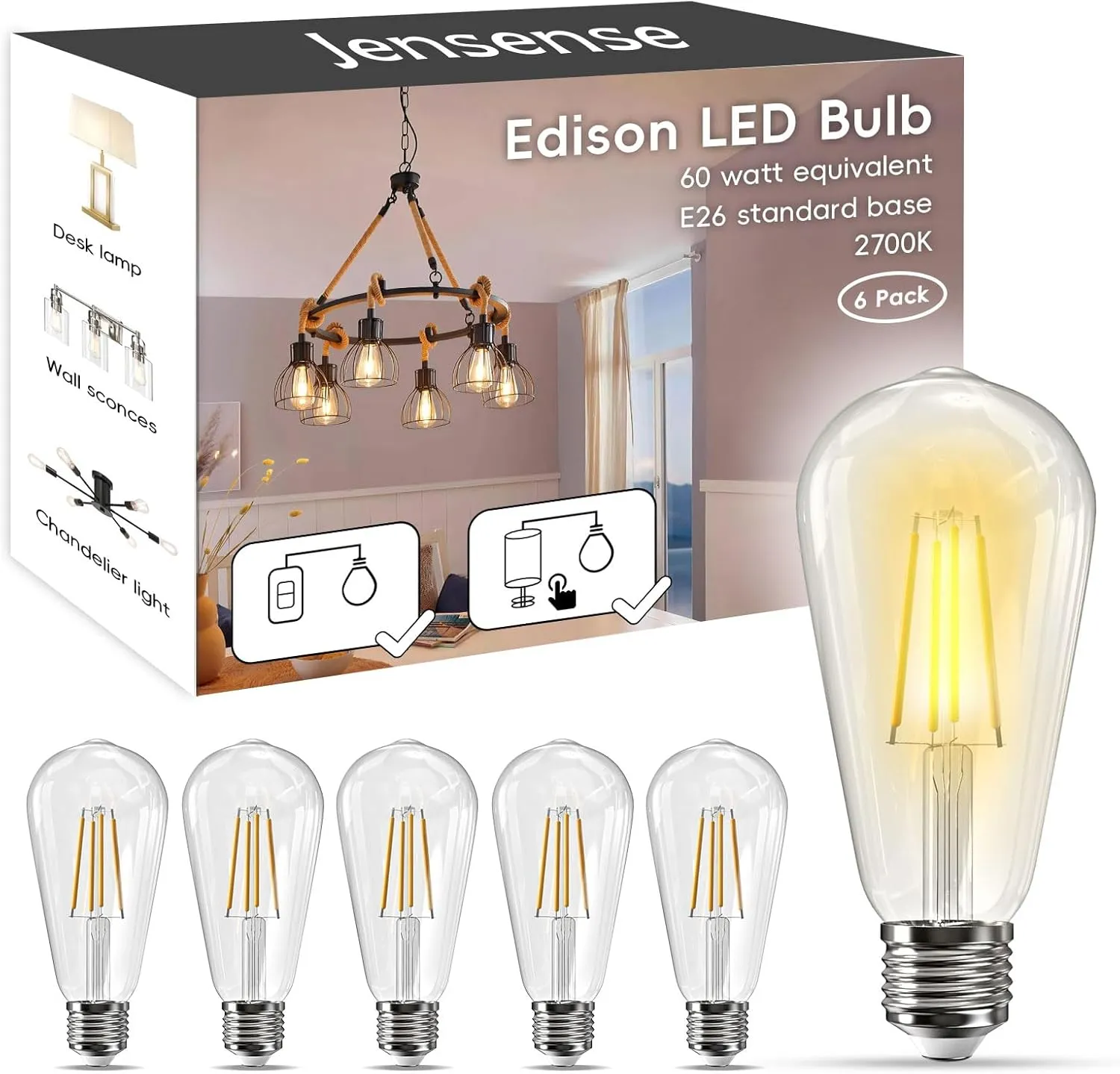 Edison LED Light Bulbs E26 LED Bulb 60 watt Equivalent Dimmable Light Bulbs 2700K Warm Soft White Vintage 7W LED Edison Bulbs 110V 120V 800 Lumen CRI90, 6 Pack