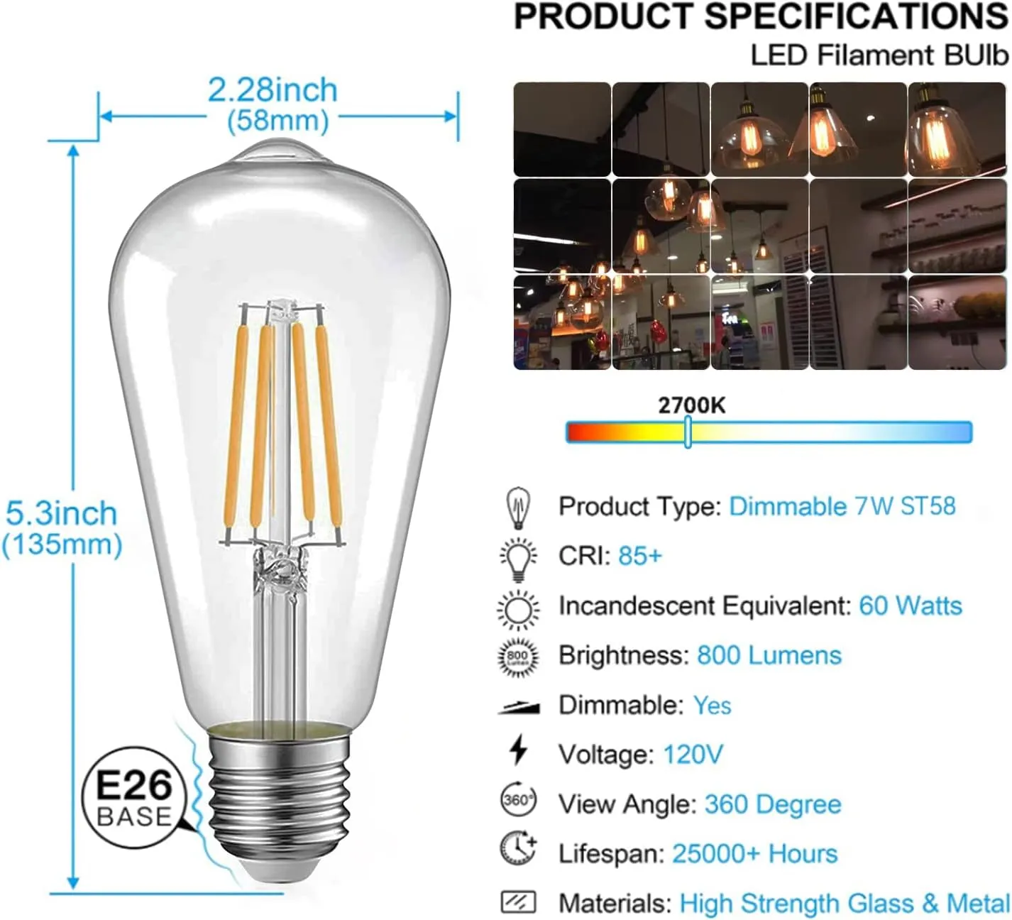Edison LED Light Bulbs E26 LED Bulb 60 watt Equivalent Dimmable Light Bulbs 2700K Warm Soft White Vintage 7W LED Edison Bulbs 110V 120V 800 Lumen CRI90, 6 Pack