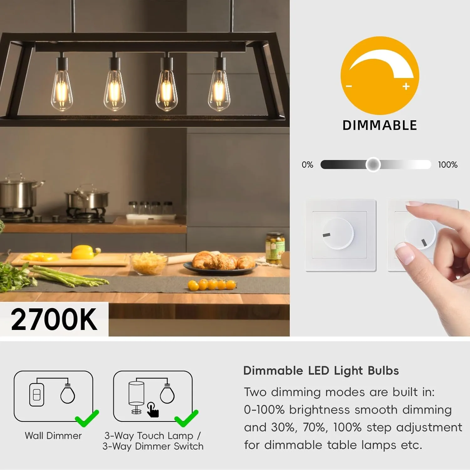 Edison LED Light Bulbs E26 LED Bulb 60 watt Equivalent Dimmable Light Bulbs 2700K Warm Soft White Vintage 7W LED Edison Bulbs 110V 120V 800 Lumen CRI90, 6 Pack