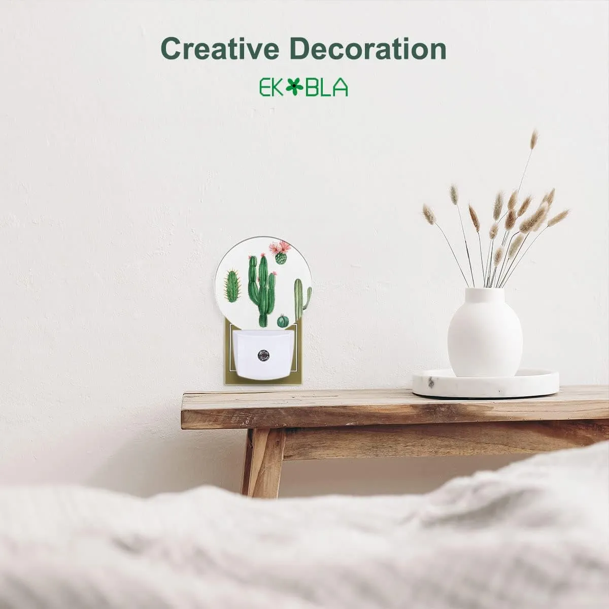 EKOBLA Plug in Cactus Night Light Exotic Cactus Pink Flower Desert Plant Green Night Lights Plug into Wall Round Lamp for Girls Boys Bedroom Bathroom Led Wall Decor