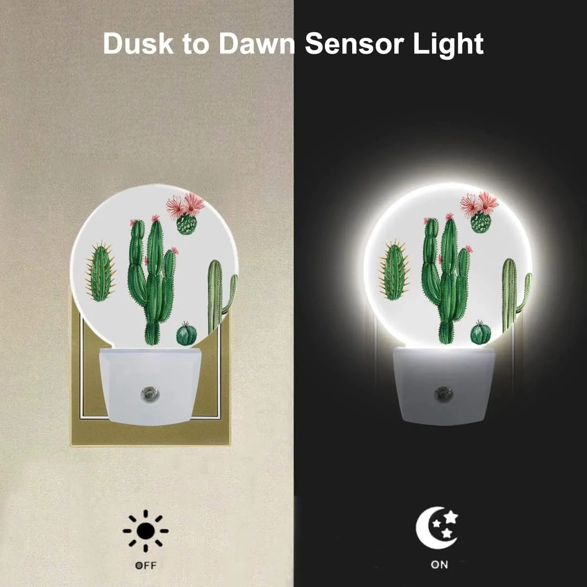 EKOBLA Plug in Cactus Night Light Exotic Cactus Pink Flower Desert Plant Green Night Lights Plug into Wall Round Lamp for Girls Boys Bedroom Bathroom Led Wall Decor