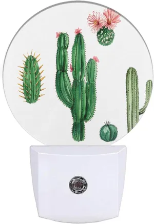 EKOBLA Plug in Cactus Night Light Exotic Cactus Pink Flower Desert Plant Green Night Lights Plug into Wall Round Lamp for Girls Boys Bedroom Bathroom Led Wall Decor