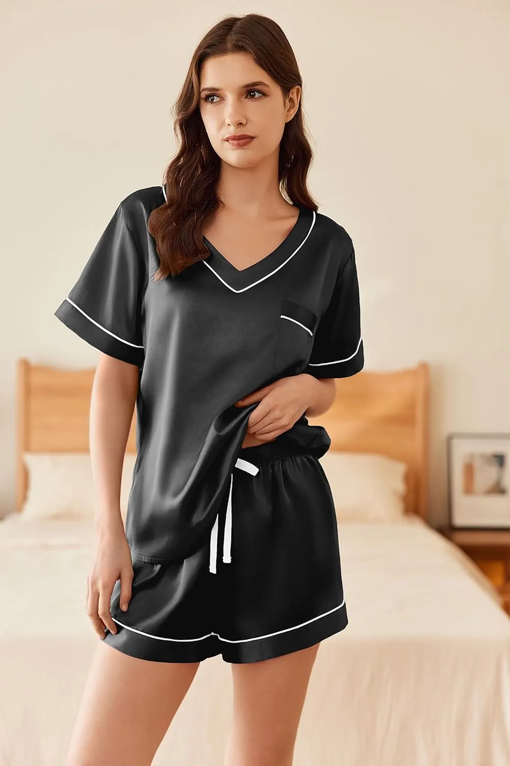 Ekouaer 2 Pack Silk Pajamas for Women Short Sleeve Satin Pj Set Soft V neck Sleepwear Loungewear, S-XXL