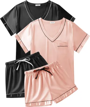 Ekouaer 2 Pack Silk Pajamas for Women Short Sleeve Satin Pj Set Soft V neck Sleepwear Loungewear, S-XXL