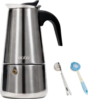 elabo Stovetop Espresso Machine and Moka Pot for Gas or Electric Ceramic Stovetop, Italian Espresso Coffee Shot Maker for Italian Espresso, Cappuccino and Latte, Stainless Steel 304, 6 Cups