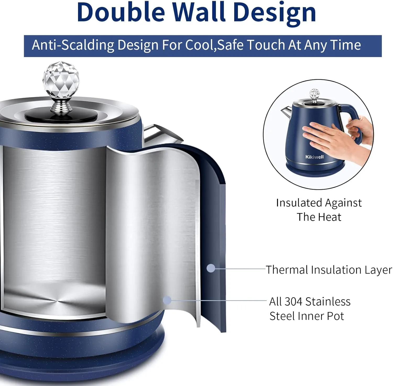 Electric Kettles Stainless Steel for Boiling Water, Double Wall Hot Water Boiler Heater, Cool Touch Electric Teapot, Auto Shut-Off & Boil-Dry Protection, 120V/1200W, 1.8Liter, 2 Year Warranty(Blue)