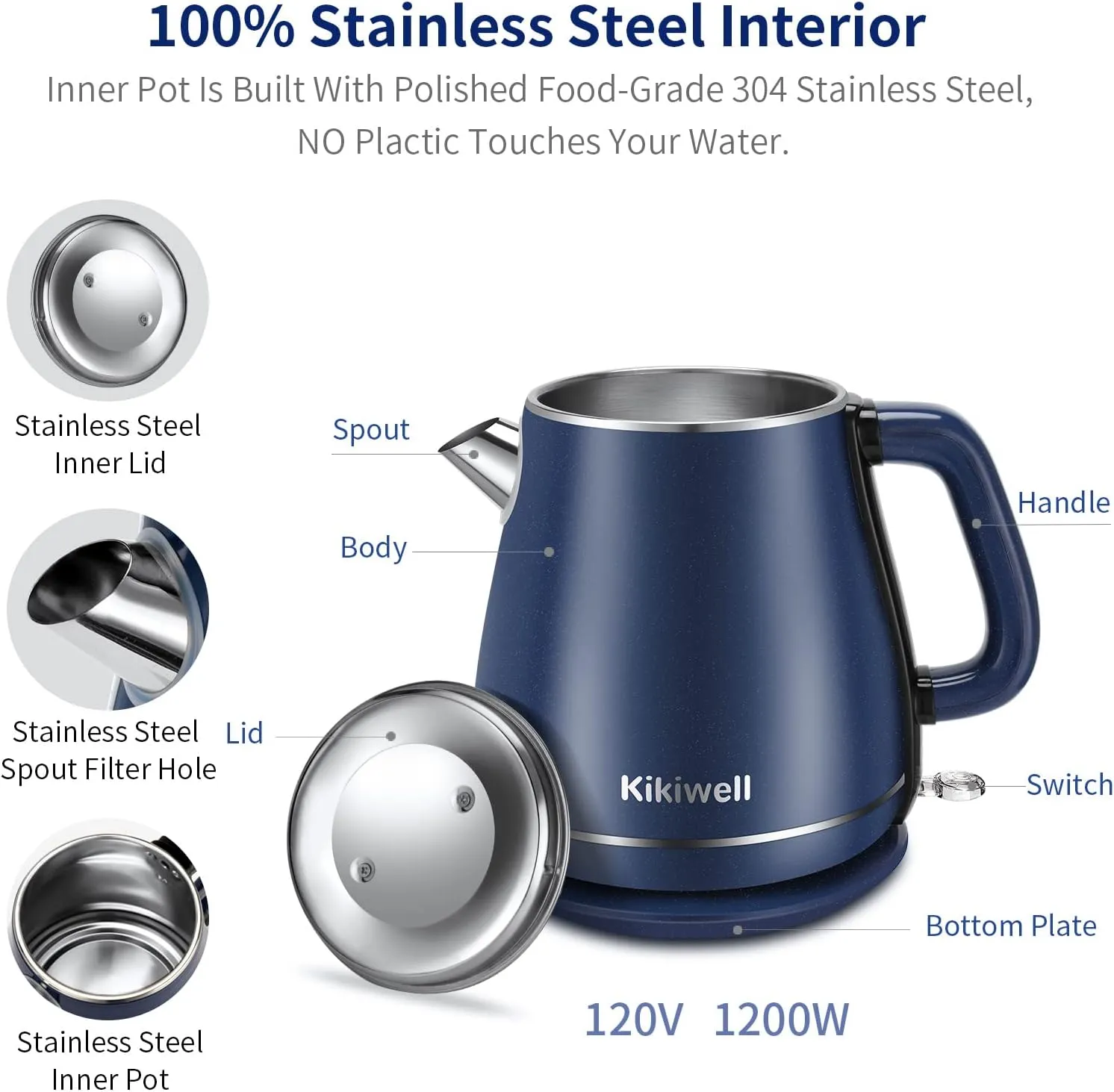 Electric Kettles Stainless Steel for Boiling Water, Double Wall Hot Water Boiler Heater, Cool Touch Electric Teapot, Auto Shut-Off & Boil-Dry Protection, 120V/1200W, 1.8Liter, 2 Year Warranty(Blue)