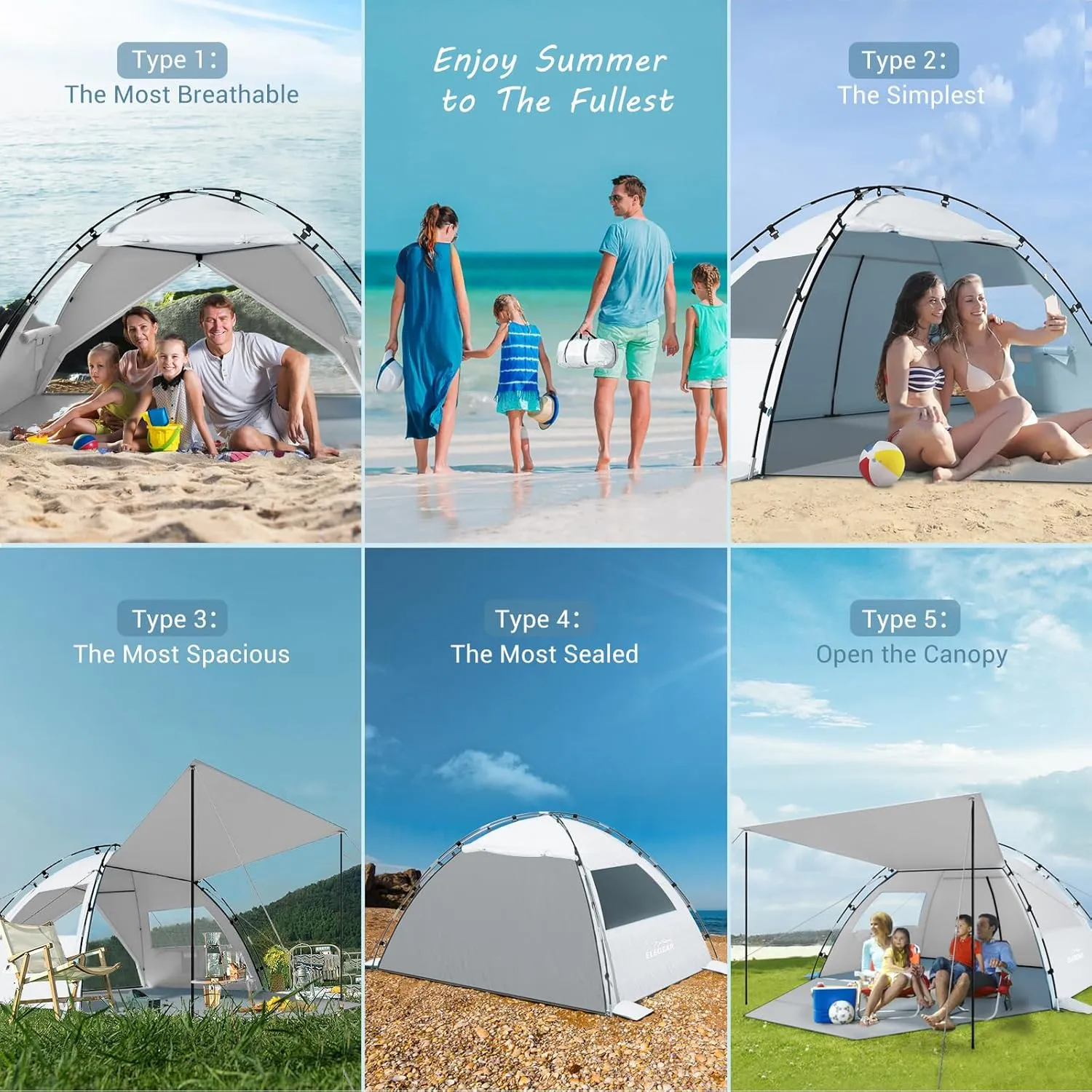 Elegear Beach Tent Sun Shelter with Canopy, 4-5 Person Pop Up Beach Tent, Easy Setup UPF 50  UV Protection Portable Lightweight Double Silver Coating Cabana Sun Shade Shelter - Silver