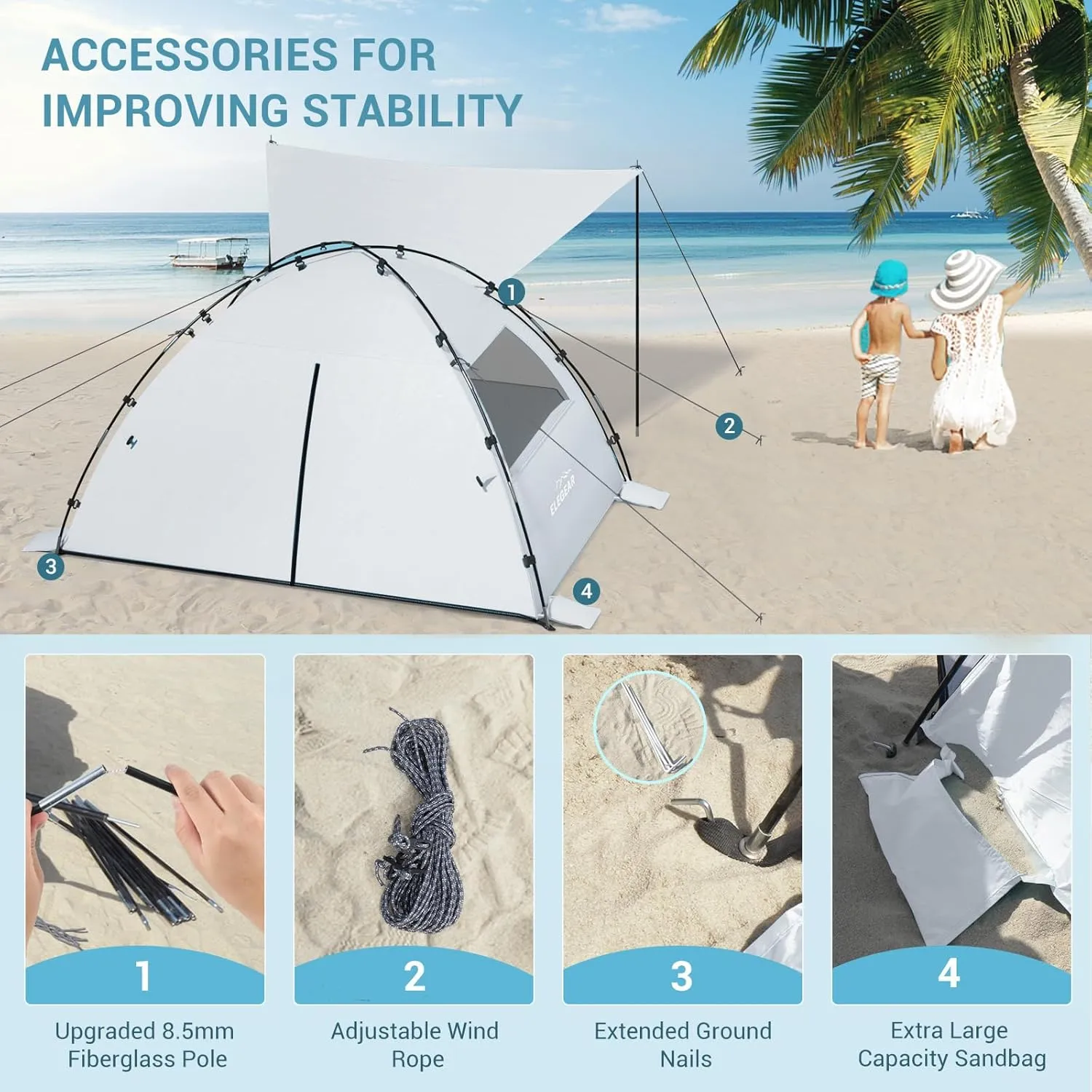 Elegear Beach Tent Sun Shelter with Canopy, 4-5 Person Pop Up Beach Tent, Easy Setup UPF 50  UV Protection Portable Lightweight Double Silver Coating Cabana Sun Shade Shelter - Silver