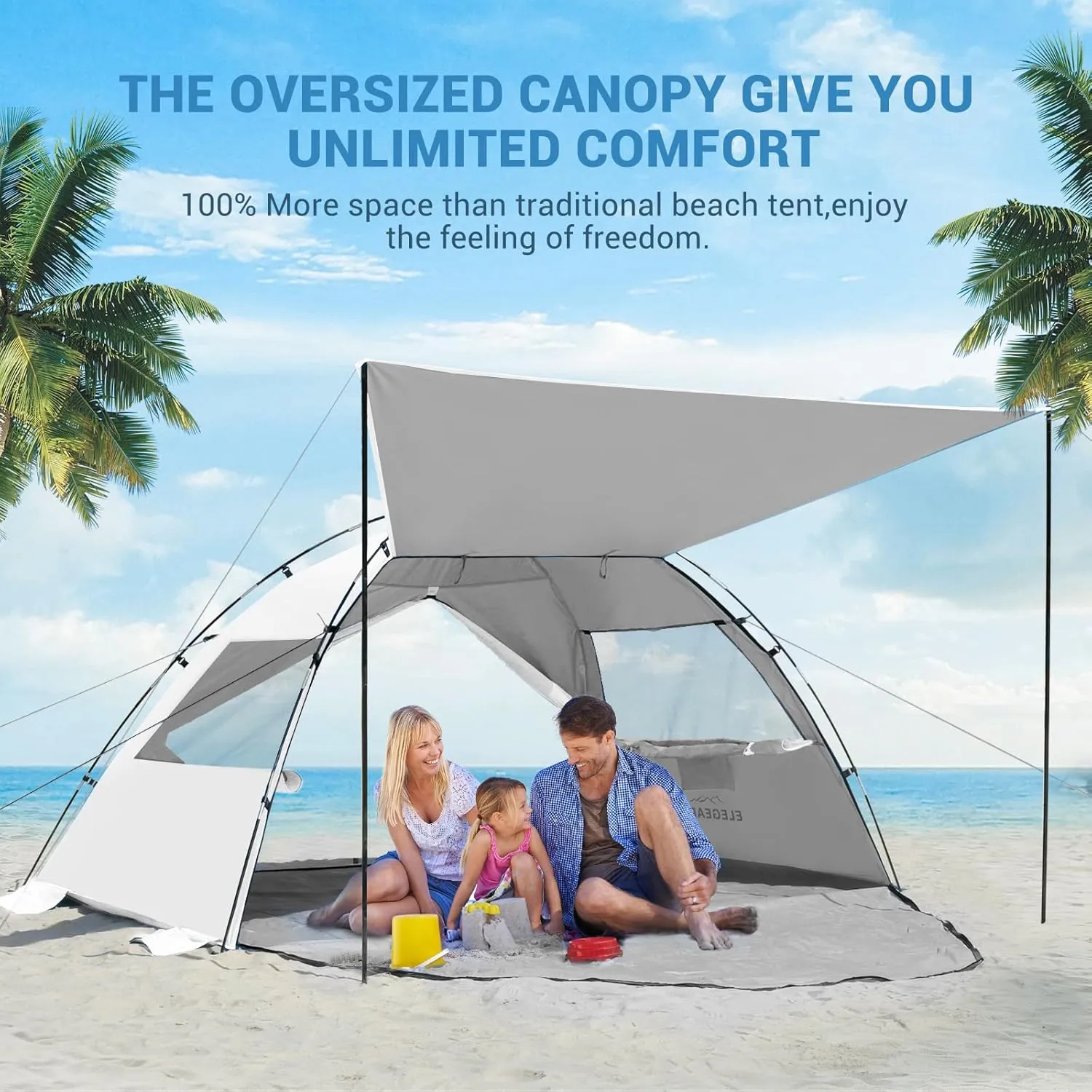 Elegear Beach Tent Sun Shelter with Canopy, 4-5 Person Pop Up Beach Tent, Easy Setup UPF 50  UV Protection Portable Lightweight Double Silver Coating Cabana Sun Shade Shelter - Silver