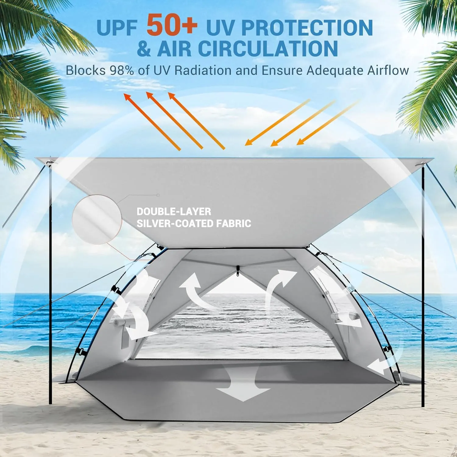 Elegear Beach Tent Sun Shelter with Canopy, 4-5 Person Pop Up Beach Tent, Easy Setup UPF 50  UV Protection Portable Lightweight Double Silver Coating Cabana Sun Shade Shelter - Silver