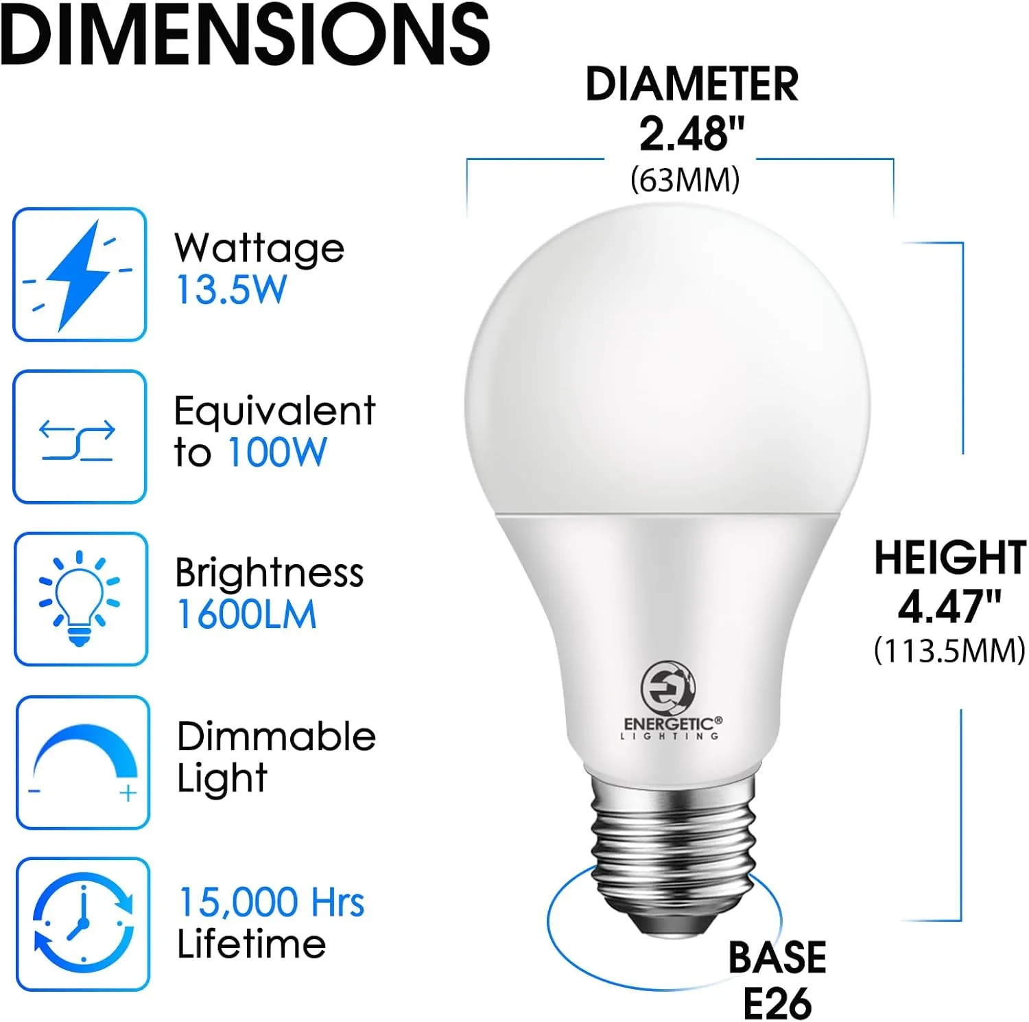 Energetic A19 LED Dimmable Light Bulbs, 100 Watt Equivalent Warm White 3000K 13.5W 1600lm, CRI80 , 15000Hrs, 12-Pack，UL Listed