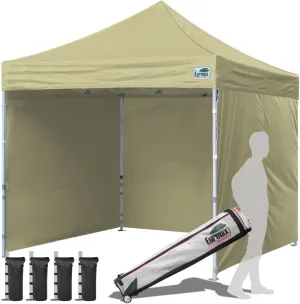 Eurmax USA 10'x10' Pop-up Canopy Tent Commercial Instant Canopies with 4 Removable Zipper End Side Walls and Roller Bag, Bonus 4 SandBags(Beige)
