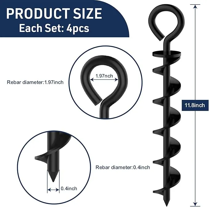 Eurmax USA Canopy Tent Stakes Dog Tie Out Stakes Corkscrew Shape Steel Trampoline Stakes with Iron Rod Installation Tool & 4 Wind Ropes - Set of 4 (Black)