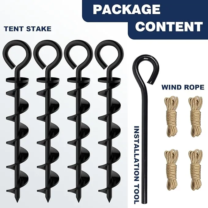 Eurmax USA Canopy Tent Stakes Dog Tie Out Stakes Corkscrew Shape Steel Trampoline Stakes with Iron Rod Installation Tool & 4 Wind Ropes - Set of 4 (Black)