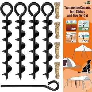 Eurmax USA Canopy Tent Stakes Dog Tie Out Stakes Corkscrew Shape Steel Trampoline Stakes with Iron Rod Installation Tool & 4 Wind Ropes - Set of 4 (Black)