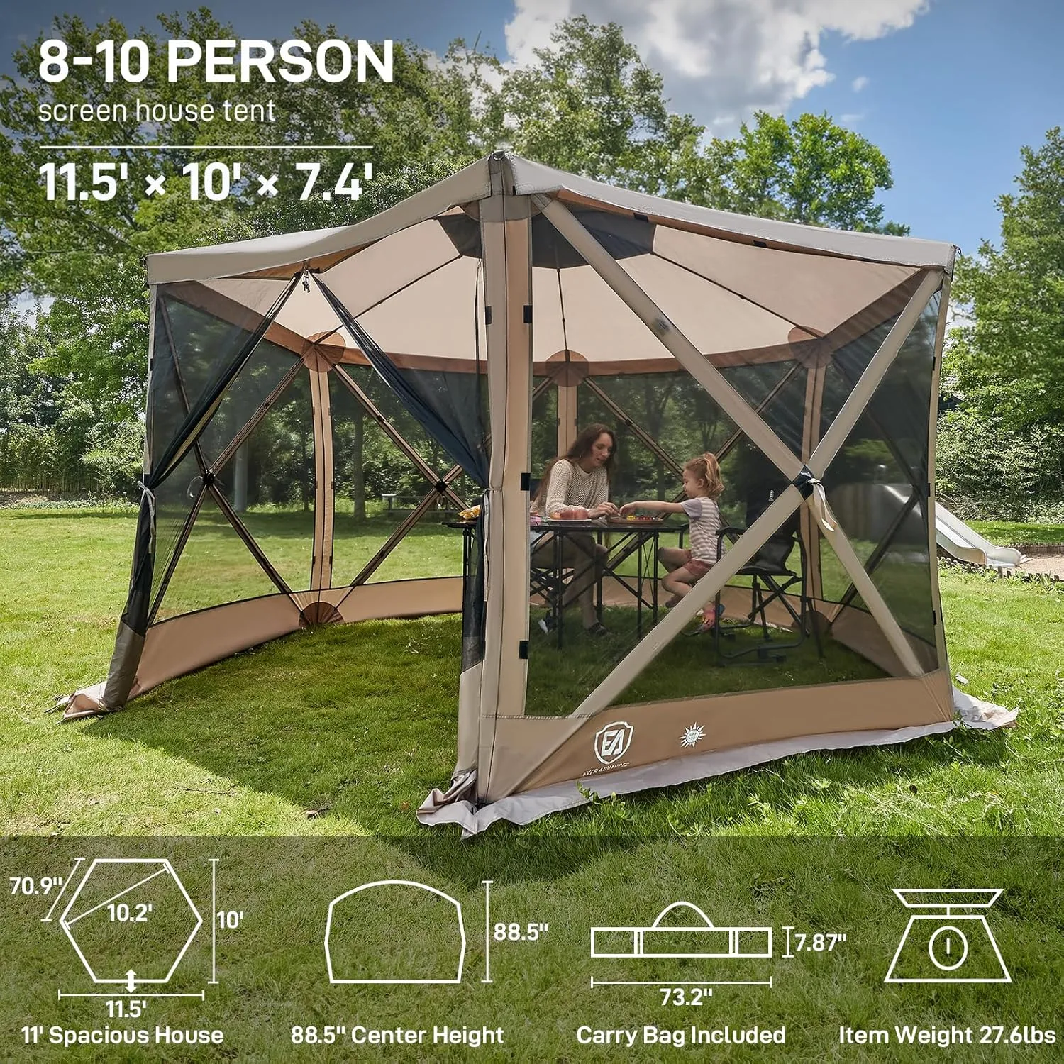 EVER ADVANCED Pop Up Gazebo Screen House Tent for Camping 11.5 ft for 8-10 Person Instant Canopy Shelter with Netting Portable for Outdoor, Backyard, Brown