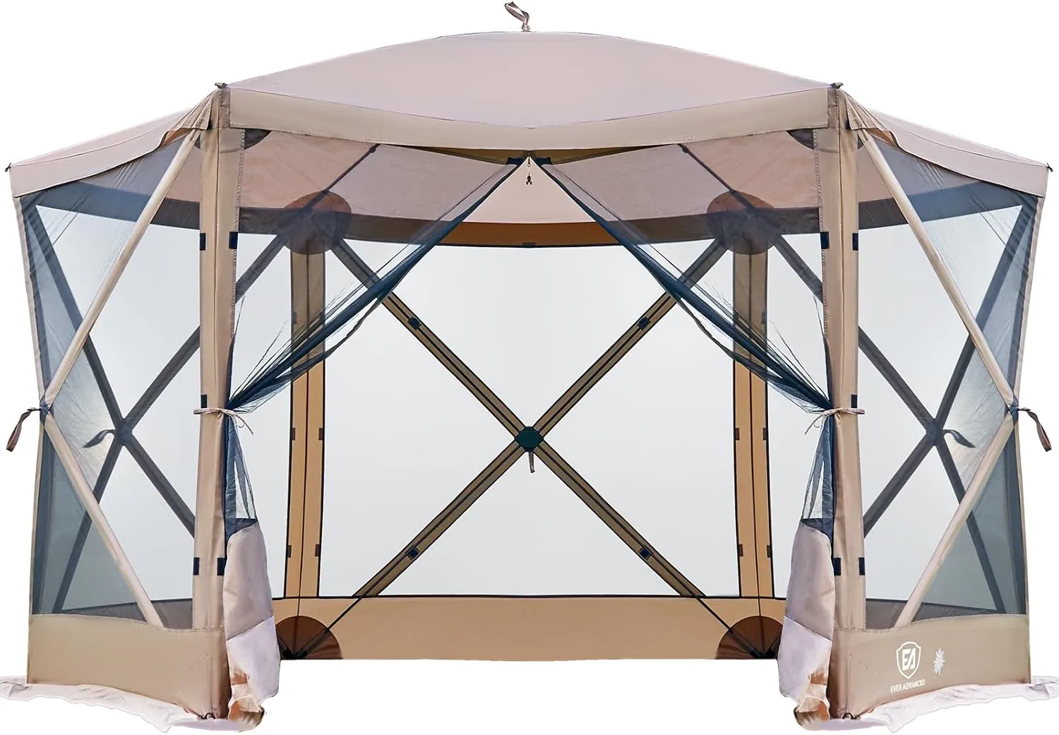 EVER ADVANCED Pop Up Gazebo Screen House Tent for Camping 11.5 ft for 8-10 Person Instant Canopy Shelter with Netting Portable for Outdoor, Backyard, Brown