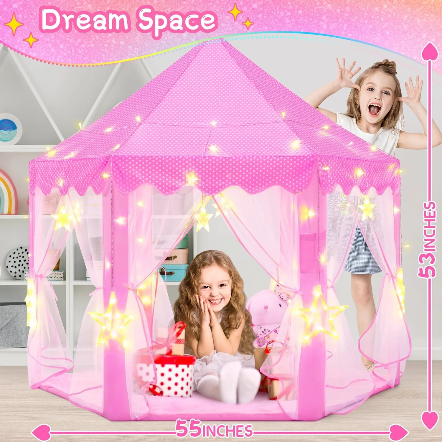 EVOIONOS Princess Tent for Girls, Castle Tent for Girls, Princess Castle Play Tent with Large Star Lights, Kids Tent Indoor Playhouse, Pink Girls Tent, 55 x 53 inches