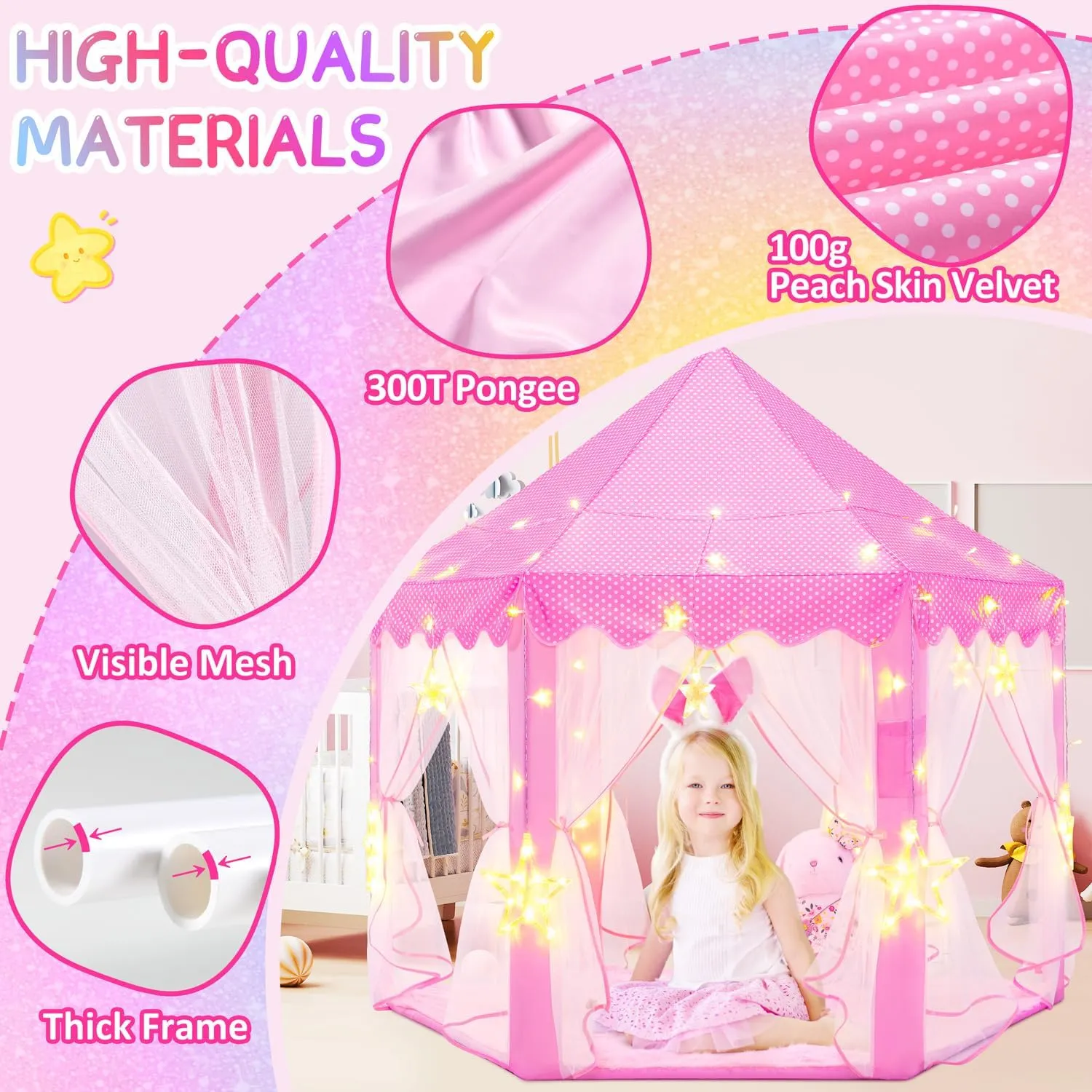 EVOIONOS Princess Tent for Girls, Castle Tent for Girls, Princess Castle Play Tent with Large Star Lights, Kids Tent Indoor Playhouse, Pink Girls Tent, 55 x 53 inches