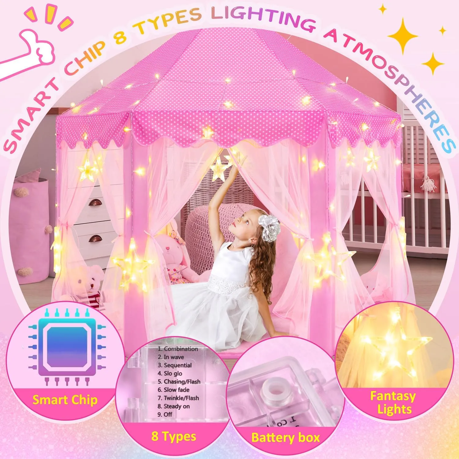 EVOIONOS Princess Tent for Girls, Castle Tent for Girls, Princess Castle Play Tent with Large Star Lights, Kids Tent Indoor Playhouse, Pink Girls Tent, 55 x 53 inches