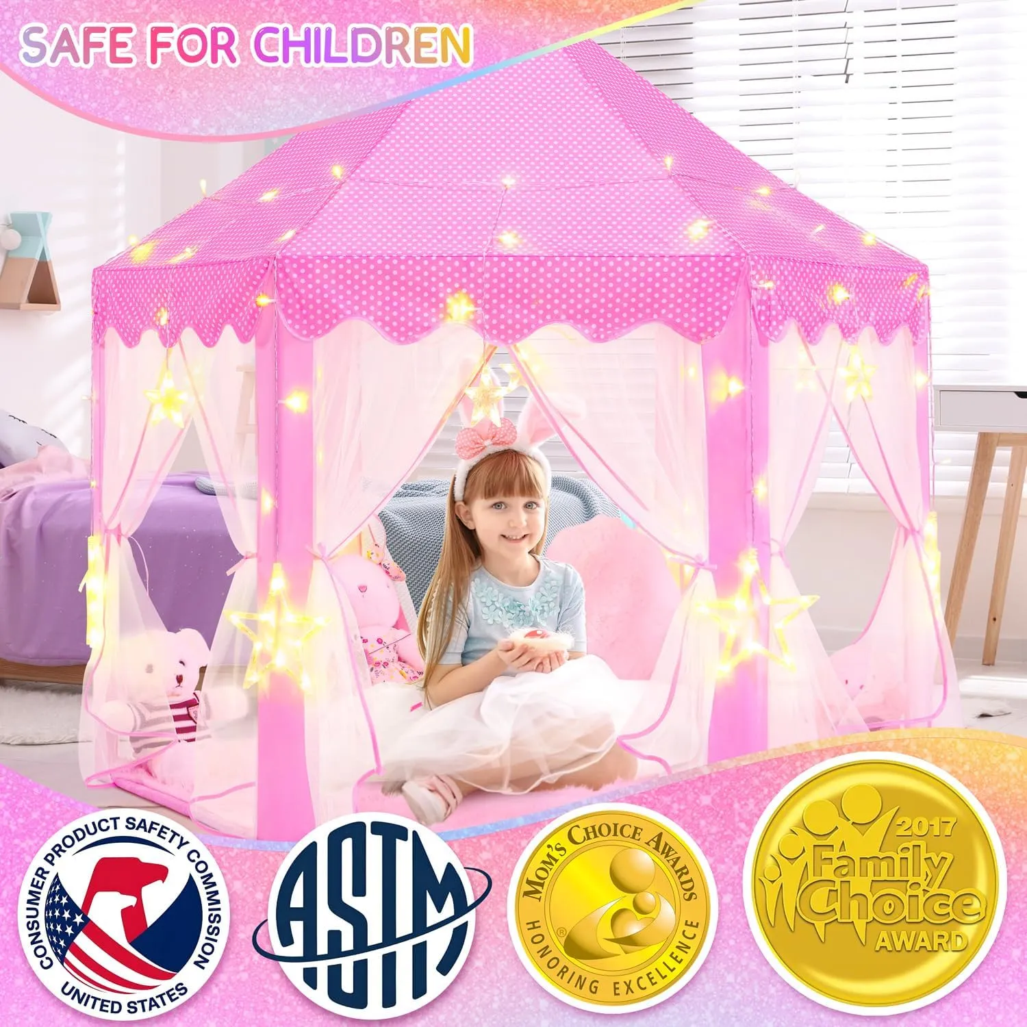 EVOIONOS Princess Tent for Girls, Castle Tent for Girls, Princess Castle Play Tent with Large Star Lights, Kids Tent Indoor Playhouse, Pink Girls Tent, 55 x 53 inches