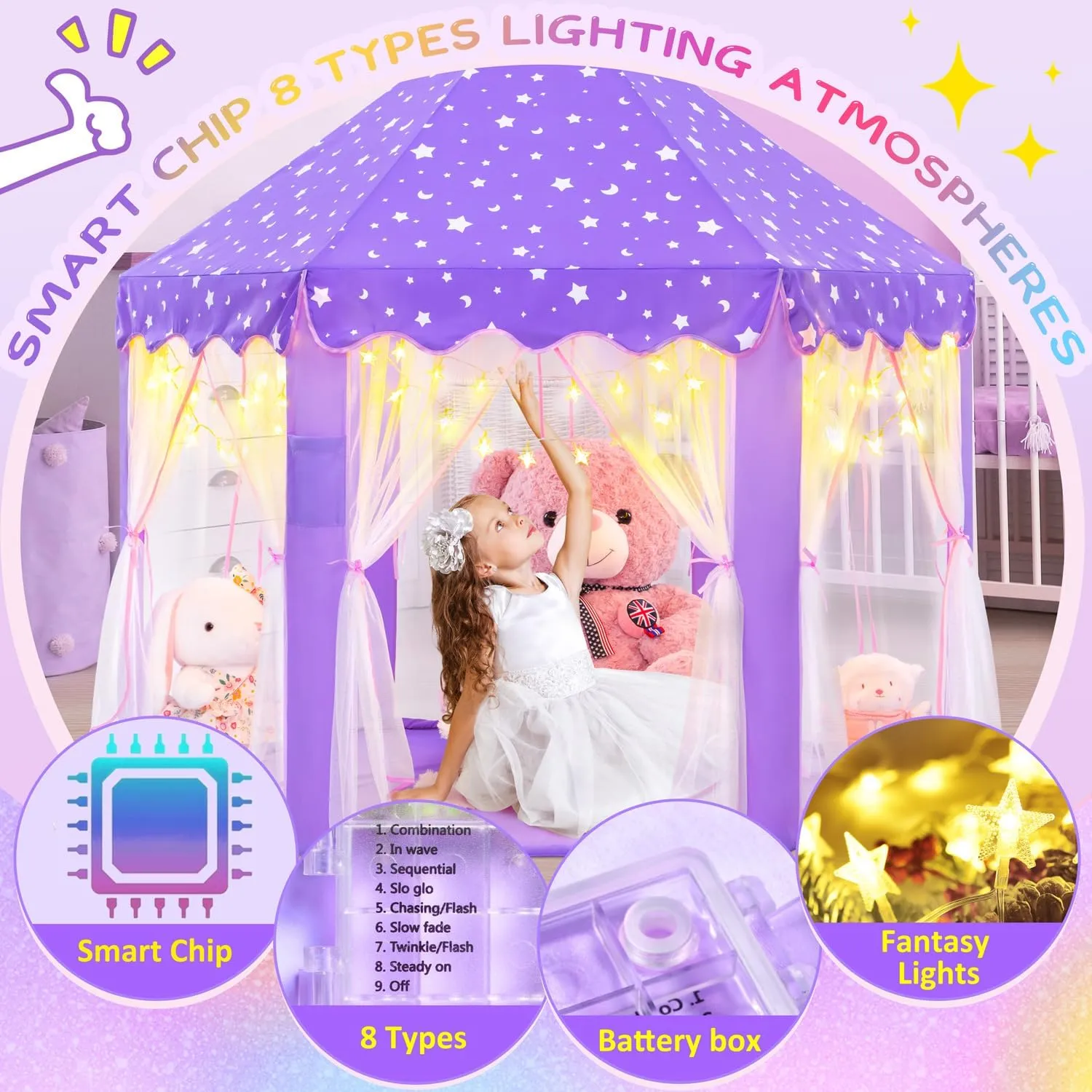 EVOIONOS Purple Tent for Girls, Kids Tent Indoor, Princess Tent with Star Lights, Girls Play Tent, Princess Castle Playhouse Tent, Little Girls Lavendar Tent, 55x53 Princess Tent for Girls