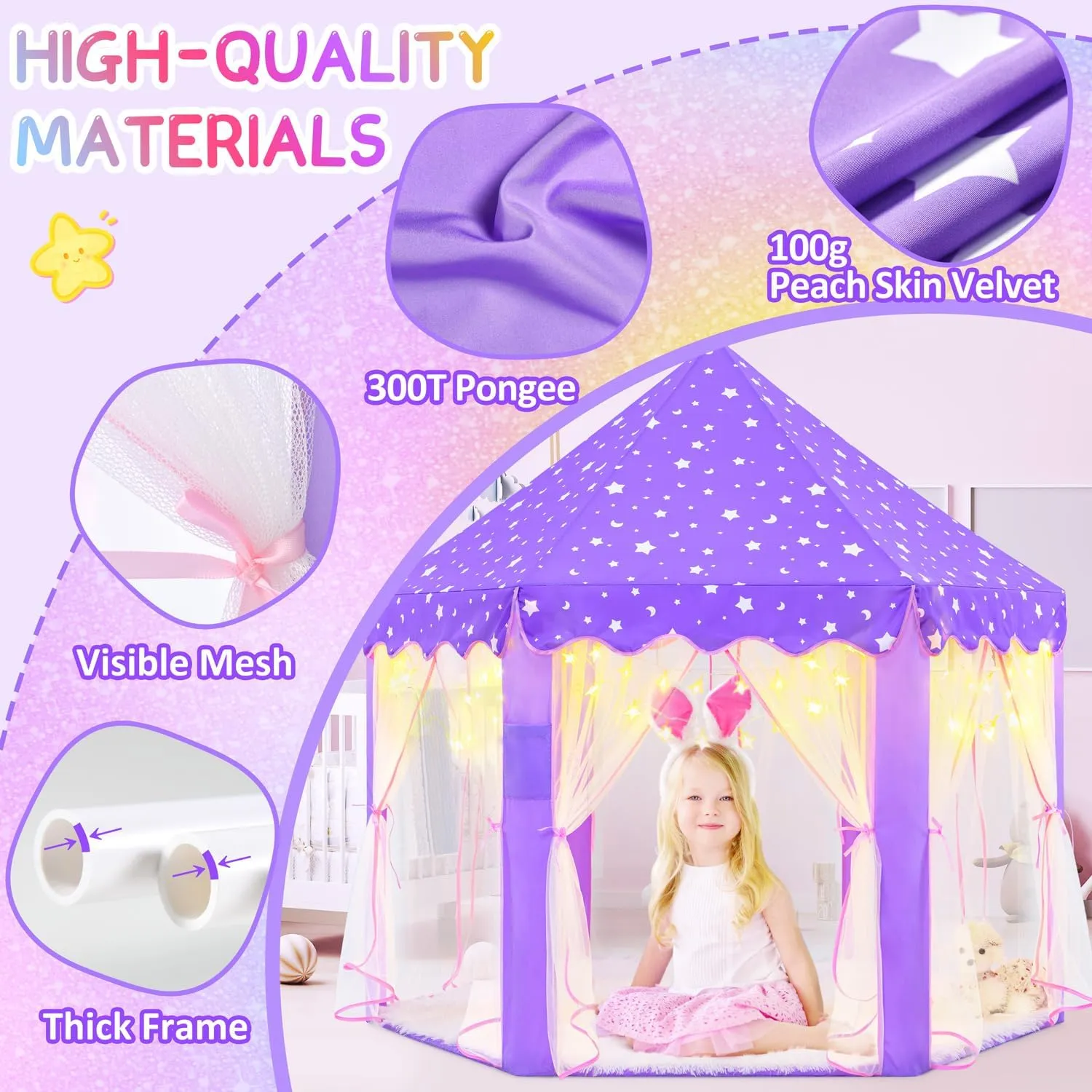 EVOIONOS Purple Tent for Girls, Kids Tent Indoor, Princess Tent with Star Lights, Girls Play Tent, Princess Castle Playhouse Tent, Little Girls Lavendar Tent, 55x53 Princess Tent for Girls