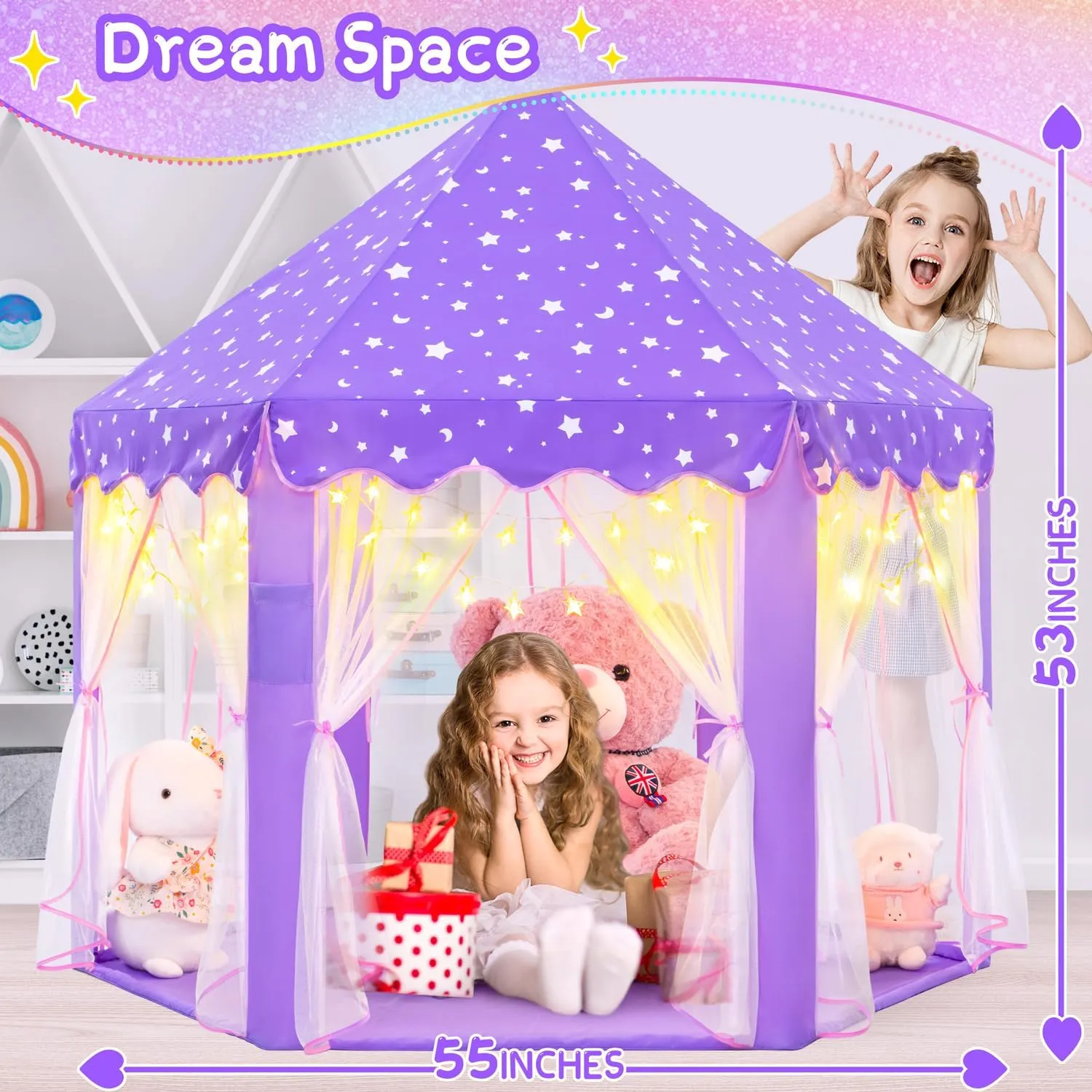 EVOIONOS Purple Tent for Girls, Kids Tent Indoor, Princess Tent with Star Lights, Girls Play Tent, Princess Castle Playhouse Tent, Little Girls Lavendar Tent, 55x53 Princess Tent for Girls