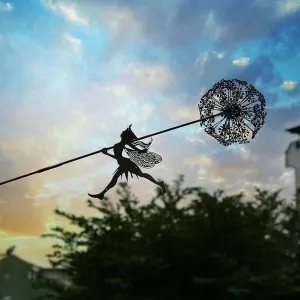 Fairies Wire Dandelion Stainless Garden Art Sculpture Steel Statue, Dancing Fairy Dandelion Garden Ornaments Art Decorations for Outdoor Yard Lawn Patio (B)