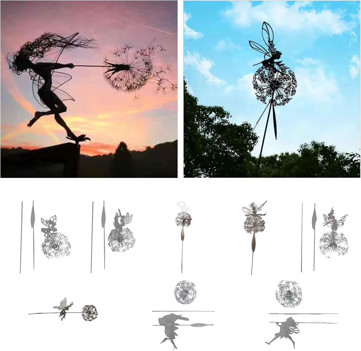 Fairies Wire Dandelion Stainless Garden Art Sculpture Steel Statue, Dancing Fairy Dandelion Garden Ornaments Art Decorations for Outdoor Yard Lawn Patio (B)