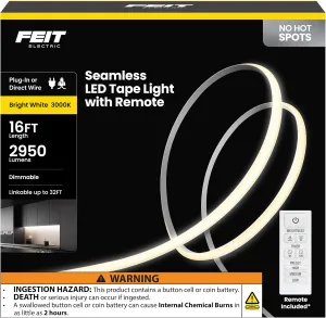 Feit Electric 16ft LED Tape Light, Dimmable, Plug-in/Direct Wire LED Ultrathin Strip Lights for Home, 2950 Lumens, 3000K Bright White, Remote Control Included, 25,000-Hour Lifetime, TAPE192/COB/LED