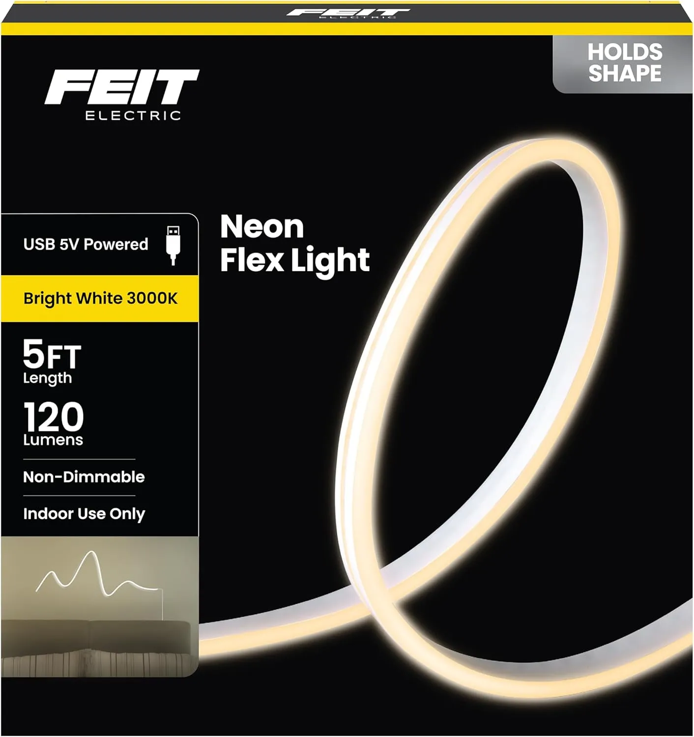 Feit Electric 5ft Indoor USB-Powered White Neon Flex Light, 120 Lumens, 3000K Bright Glow, 25,000-Hour Lifetime, Easy-to-Shape Display Lighting for Bedrooms, Dorms, Desks and More, NF5/3K/USB