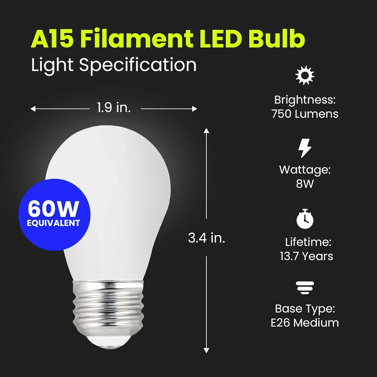 Feit Electric A15 LED Light Filament Bulb, 60W Equivalent, Dimmable, E26 Base, 5000K Daylight, 750 Lumens, Vintage Edison Light Bulb for Home, Office, 13-Year Lifetime, BPA1560W950CAFIL2RP6, 12 Pack